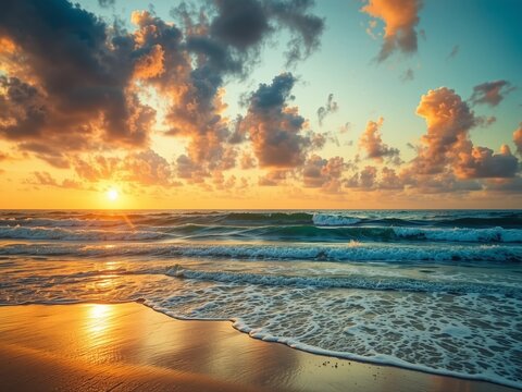 Coastal Sunset Scene with Rolling Waves and Sky