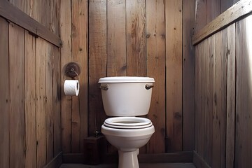 Modern white toilet bowl standing in a rustic bathroom with wooden plank walls, creating a contrast between contemporary and traditional styles
