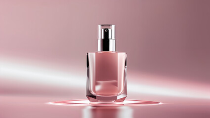A glamorous perfume bottle, showcasing beauty and elegance on a reflective surface with pink hues.