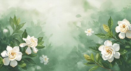 Serene White Gardenia Flowers Watercolor Background Nature Illustration