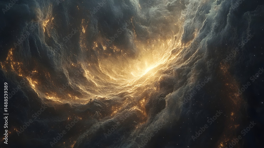 Poster a stunning nebula glows with golden light, swirling gas and dust create a cosmic masterpiece. stars 
