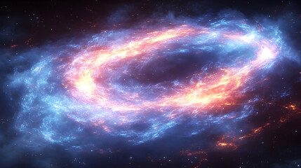 Obraz premium A ring-shaped nebula radiates with swirling blue and fiery orange hues against a backdrop of distant stars