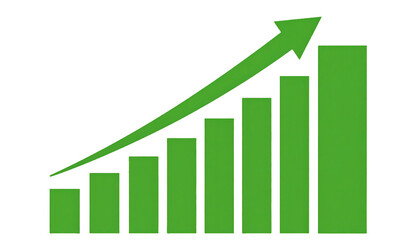 Green rising bar chart with arrow showing business growth on transparent background
