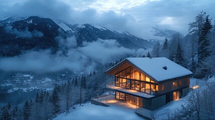 Fototapeta premium Snow-covered mountain chalet bathed in evening light.
