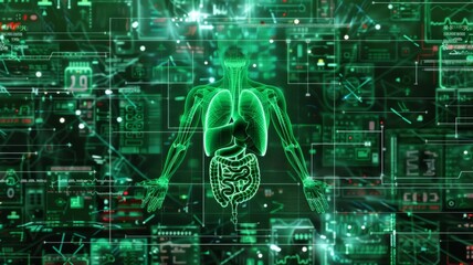 Human Anatomy Overlay - A of the human torso and internal organs overlaid on a green technological background