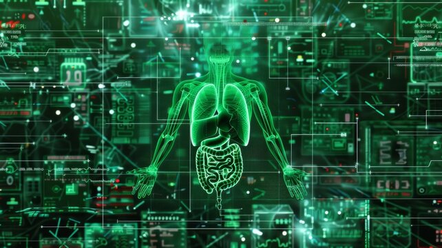 Human Anatomy Overlay - A of the human torso and internal organs overlaid on a green technological background