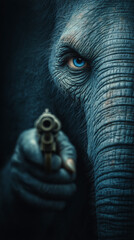 In this striking and surreal composition, a Elephant takes center stage, aiming a gun directly at the viewer against a pitch-black background. Generative AI