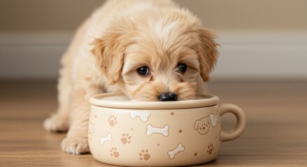 Cute golden puppy with fluffy fur is curiously peering into a beige dog bowl decorated with paw prints, creating an adorable and heartwarming scene of pet companionship	