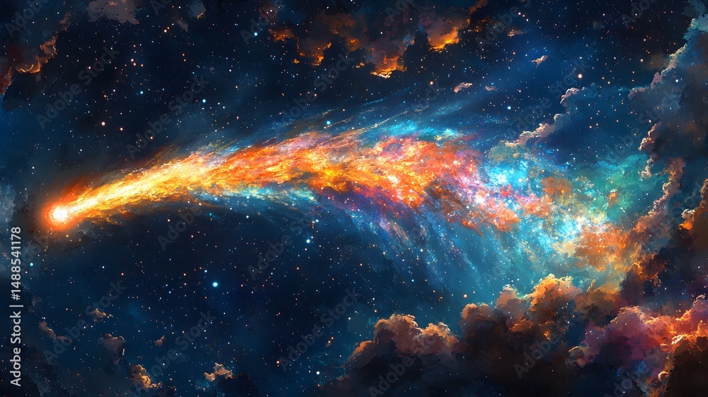 Poster a vibrant comet streaks across a colorful nebula, creating a stunning space scene. perfect for astro