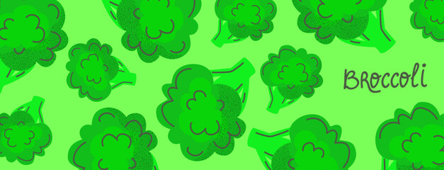 Broccoli. Healthy eating. Vegetarian food.. Minimalistic broccoli pattern on green background for poster, banner, flyer. Vector illustration