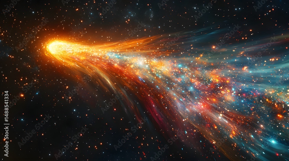 Poster A vibrant comet streaks across the cosmos, its fiery nucleus and multicolored tail creating a breathtaking spectacle. A dynamic image of space exploration. Astronomy and Galaxy backgrounds.