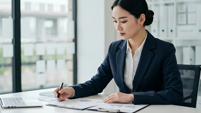 Woman analyzing the financial report.