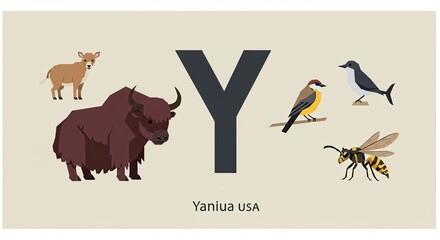 Y Alphabet Animals Illustration with Yak, Bird, and Wasp
