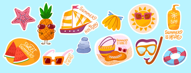 Cute summer sticker set with beach elements, fruits, sun, and vacation icons. Bright and playful illustrations perfect for planners, scrapbooks, or seasonal designs.