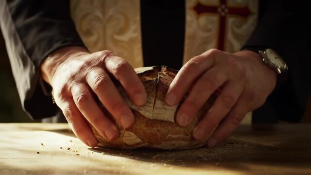 Sacred 4K Breaking of Bread in Candlelight for Holy Communion and Worship with subtle human presence, evoking communion, faith, and remembrance. Christian communion concept.