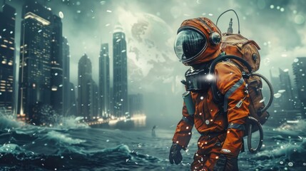 Astronaut Walking Through a Flooded City
