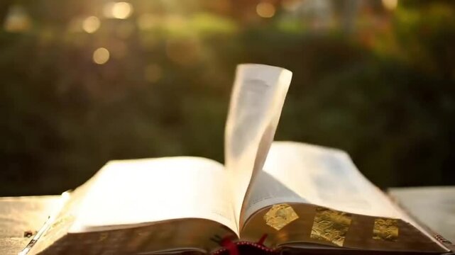 Turning Pages of an Antique Bible in Golden Sunlight