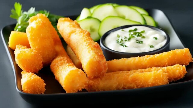 A plate of fried food with a dipping sauce and a side of vegetables. The plate is black and white, and the food is arranged in a neat and orderly manner. Scene is casual and inviting