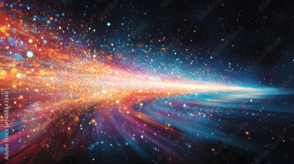 Poster Dynamic stream of vibrant particles bursts across a dark expanse, transitioning from fiery reds to cool blues, capturing energy and motion, Astronomy and Galaxy backgrounds.