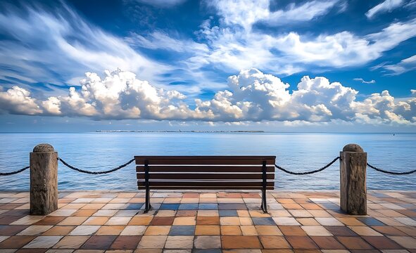 Seascape with Wooden Bench, Paved Tiles, Cloudy Sky and Concrete Bollards - Powered by Adobe
