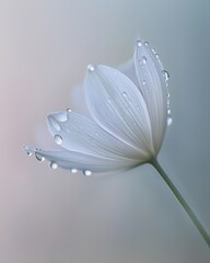 White flower with dew drops on petals against soft pastel background
