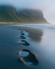 Footprints in wet dark sand leading to misty green cliffs at sea
