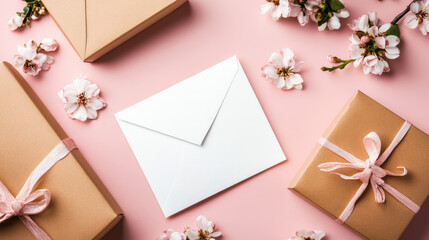“Blank greeting card mockup featuring a white paper card with an envelope, accompanied by a gift box and flowers, set against a soft pink background.”

