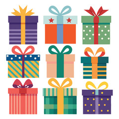 Gift box. Colorful present boxes with bright ribbons and bows, modern packing for christmas gifts, decorative stylish wrap flat vector set
