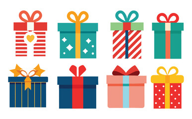Gift box. Colorful present boxes with bright ribbons and bows, modern packing for christmas gifts, decorative stylish wrap flat vector set
