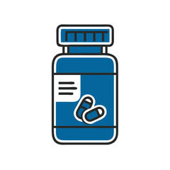 Pill bottle with capsules in blue color and simple design  