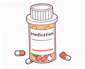 Prescription medication bottle with pills on a light background  