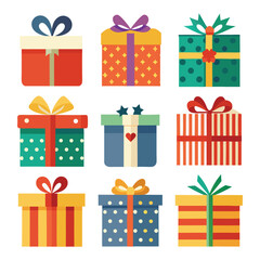  Gift boxes icons set. Collection of colorful gift boxes with ribbon bow on white background. Holiday presents. Vector illustration.
