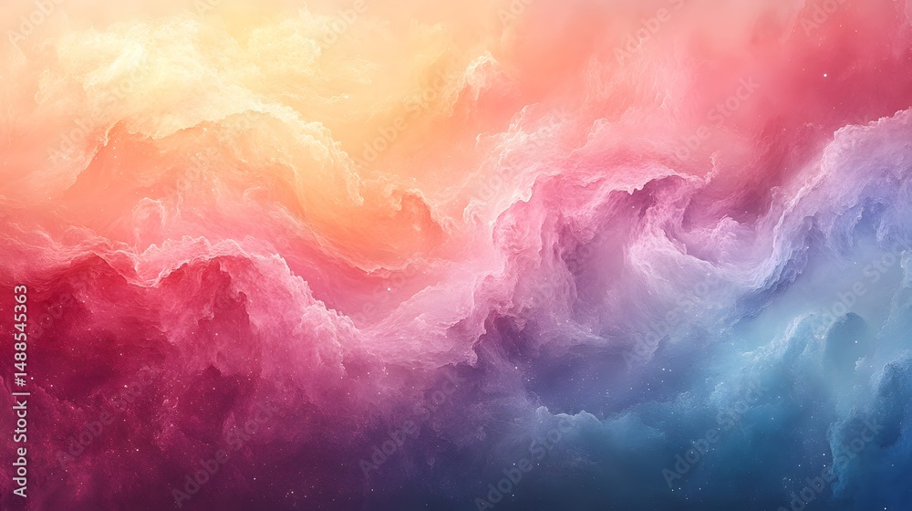 Poster abstract cloudscape with a sunset gradient. warm yellows and oranges transition to cooler pinks, pur