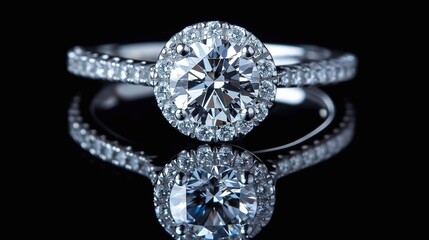 A close-up of a sparkling diamond ring on a black surface
