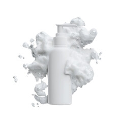 Sleek white bottle with pump dispenser against a backdrop of cleansing white suds and bubbles.