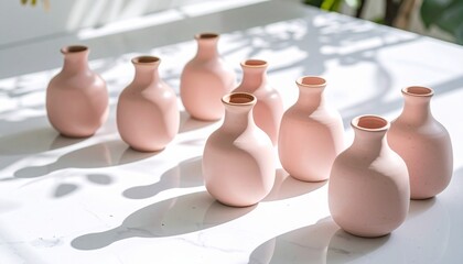 Minimalist flat-lay of dusty rose ceramic vases on a white terrazzo slab with soft natural light and gentle shadows, styled for modern interiors