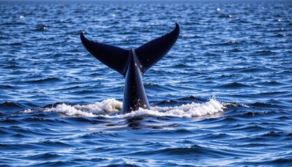 Fototapeta premium this image captures a moment in the ocean where a whale is swimming with its tail fin prominently displayed above the water surfac