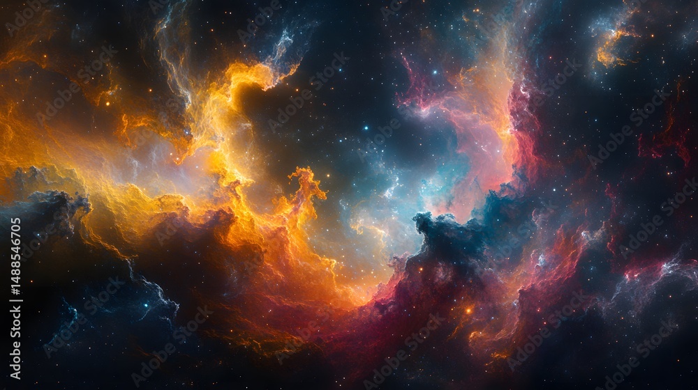 Poster a stunning nebula explodes with vibrant colors against a star-studded canvas. swirling gases create 