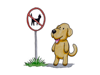 Cartoon with a dog and a road sign Cats are not allowed. Illustration with a funny dog. Territory defence cat dog conflict. Caricature with home pet 