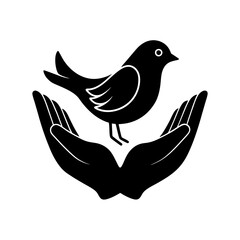 Two hand holding a cute bird illustration