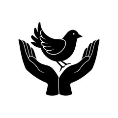 Two hand holding a cute bird illustration