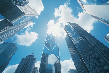 Skyscrapers Perspective High Rises reaching up against cloudy sky on bright day