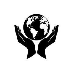 Two hand holding on the Earth silhouette.