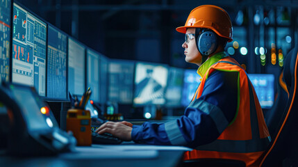 Engineer in safety gear monitors multiple screens in a high-tech industrial control room.