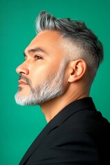 Fototapeta premium A stylish male making a statement. Classy men's side part haircut - midlife arabian man with middle hair. Green solid background. Conceptual art visual pattern of style for aging men.