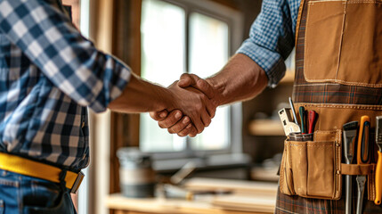 Two people in work attire shake hands in a workshop, symbolizing agreement and partnership.