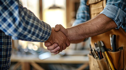 Two people shake hands, one wearing a tool belt, symbolizing agreement or partnership in a work setting.