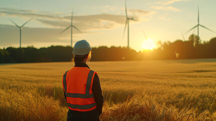 A worker in a reflective vest surveys wind turbines in a golden field at sunset, symbolizing renewable energy and sustainability.