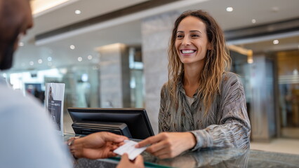 Customer withdrawing cash at a bank counter, handing ID to a smiling bank teller behind a glass screen, clean modern interior, business casual clothing.
