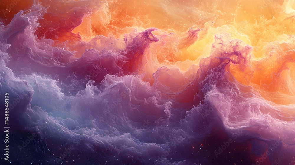Poster explore the cosmos with this stunning abstract nebula. a vibrant mix of colors creates a celestial m
